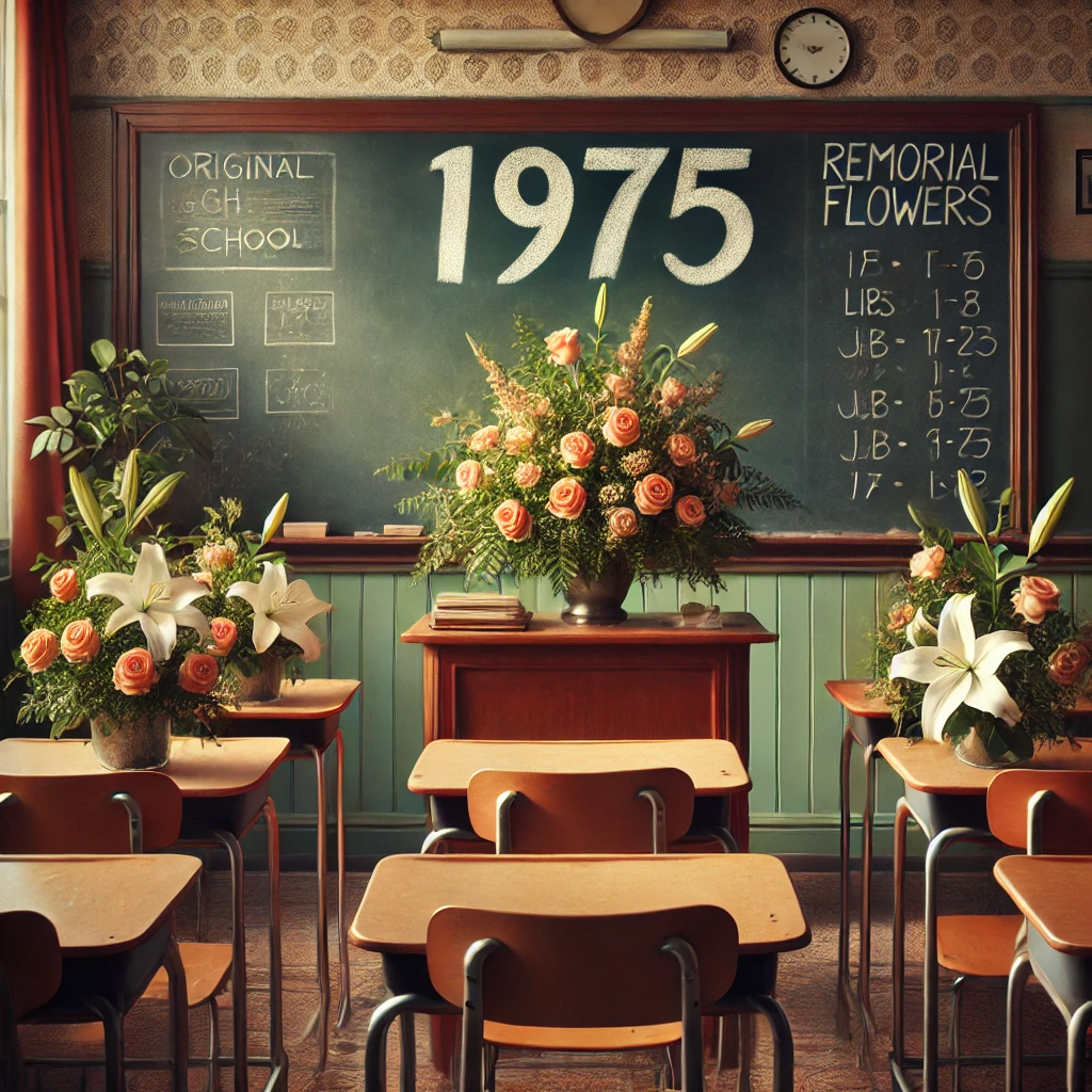 DALL·E 2025-03-02 14.34.55 - Combine the original vintage high school classroom setting from the mid-1970s with the addition of memorial flowers. The scene includes wooden desks,